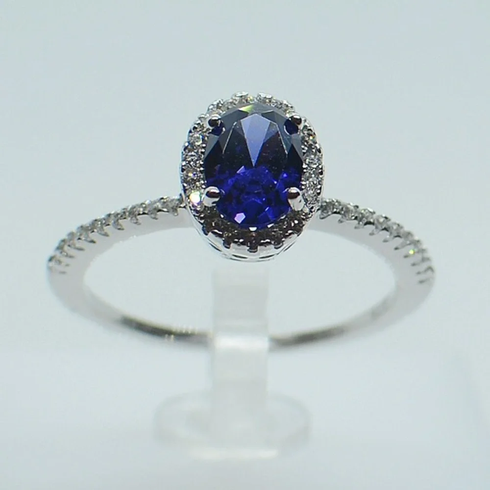 925 Sterling Silver Oval Tanzanite Halo CZ Ring